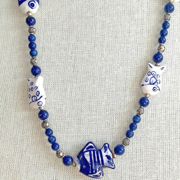 The Unbranded Brand Jewelry - Vintage Blue White Ceramic Fish Bead Necklace 28" Hand Painted Porcelain Ocean